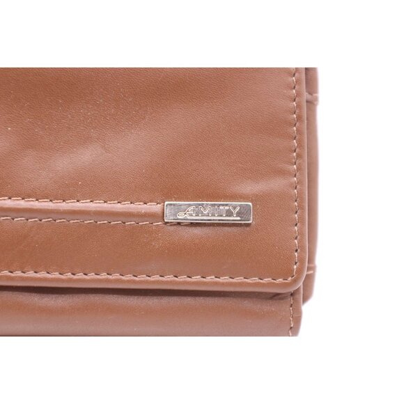 AMITY Genuine Leather Tri-Fold Coin Purse Wallet Brown Zippered ID Window Vintag - Picture 3 of 12